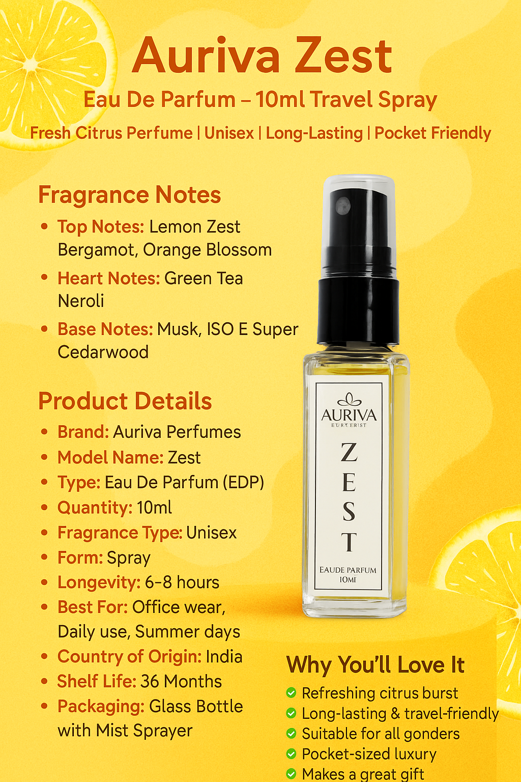 🍋 Auriva Zest Eau De Parfum – 10ml Travel Spray