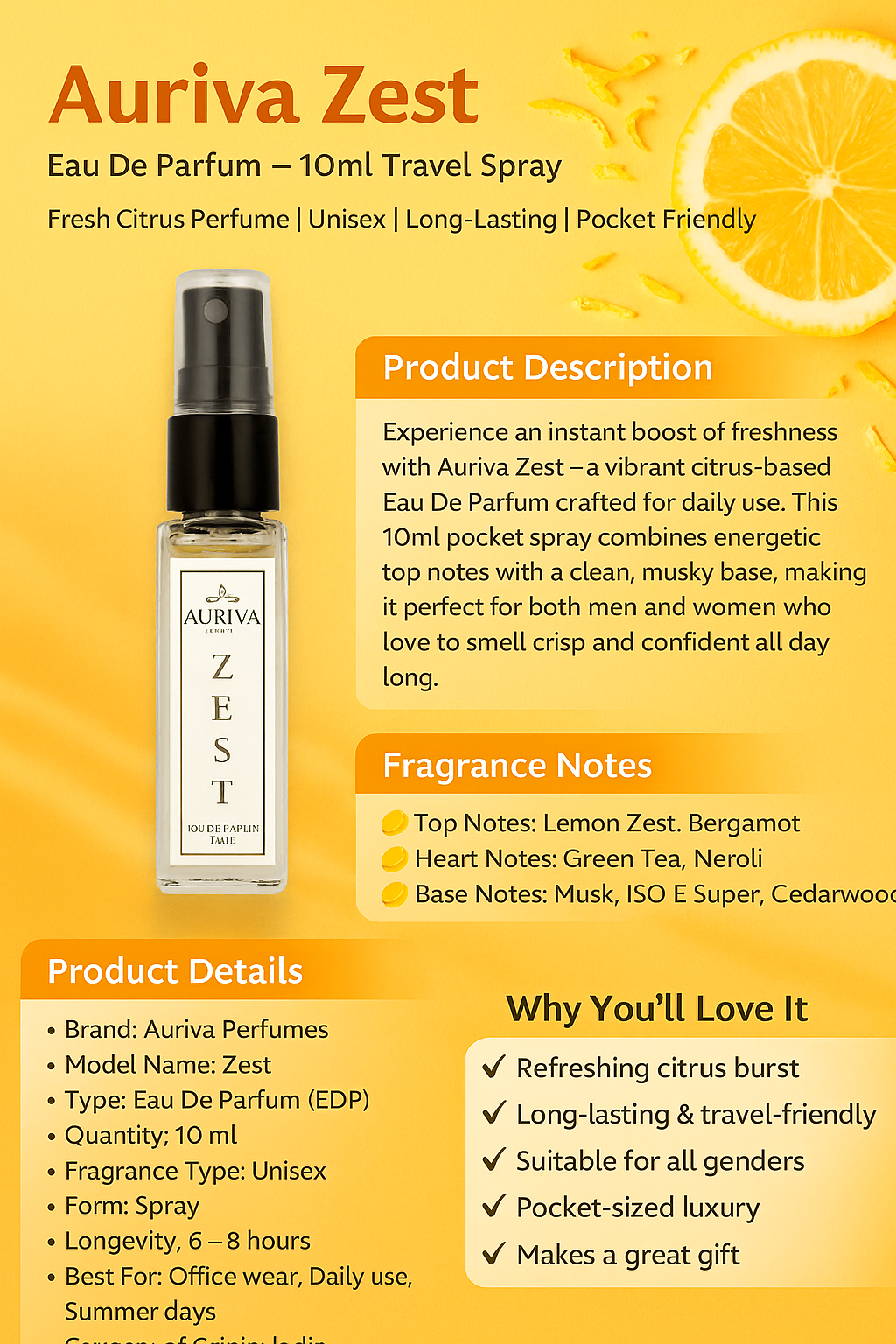 🍋 Auriva Zest Eau De Parfum – 10ml Travel Spray